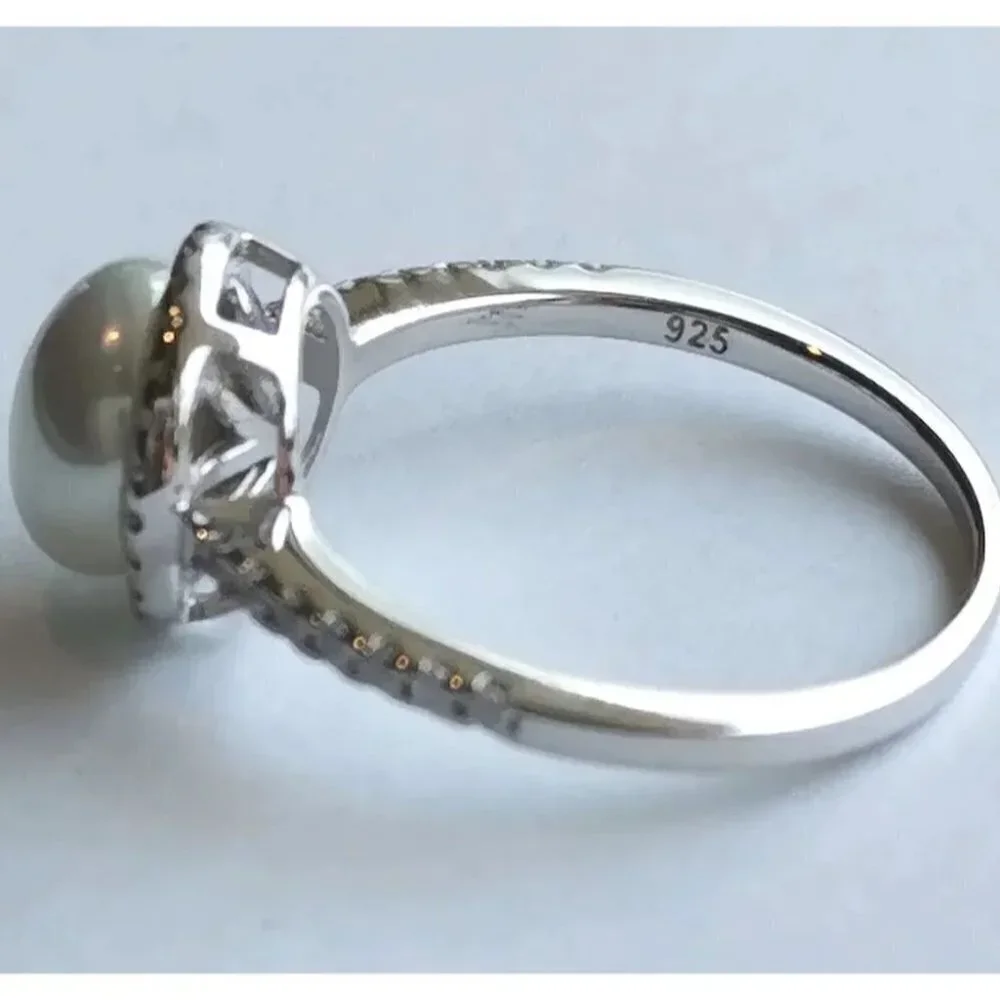White pearl ring cz halo ring size 7 NEW